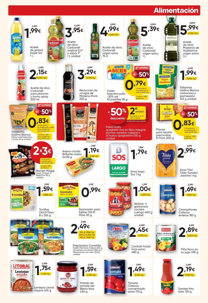 Ofertas de alimentación con aceites, pasta, arroz, conservas y productos de despensa