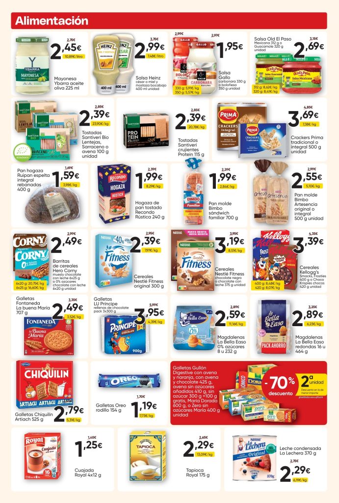 Ofertas de alimentación con salsas, panes, cereales, galletas y productos para desayunos