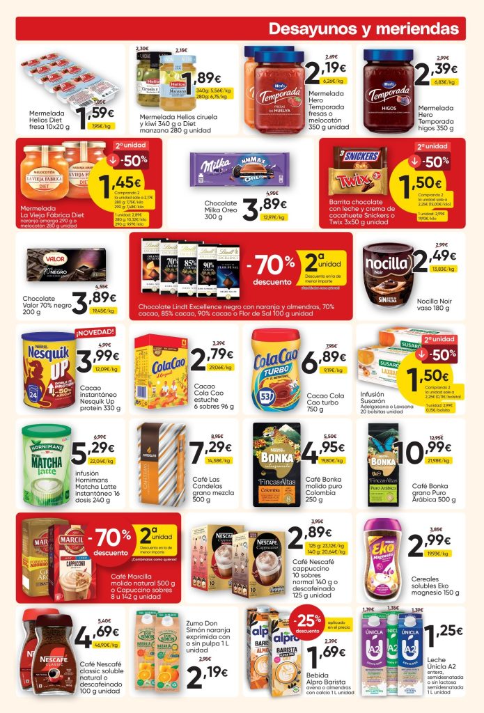 Ofertas de desayunos y meriendas con mermeladas, chocolates, cacao, café e infusiones