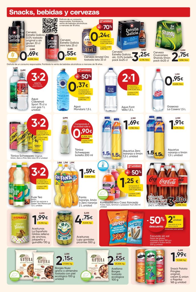 Ofertas de snacks, agua, refrescos, bebidas y cervezas