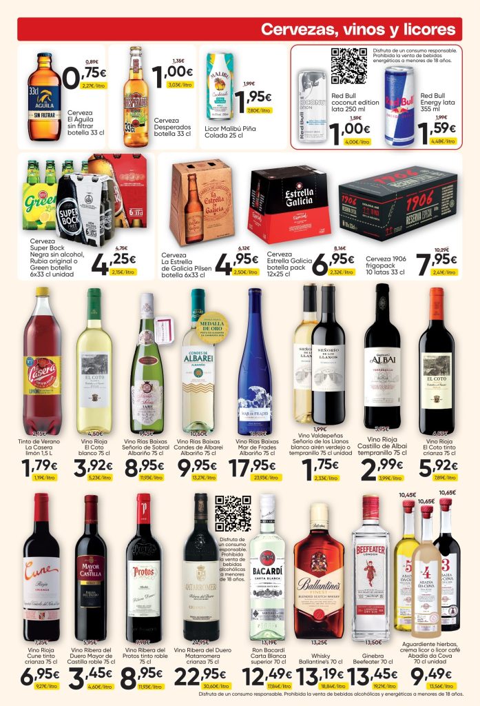 Ofertas de cervezas, vinos, licores y bebidas espirituosas