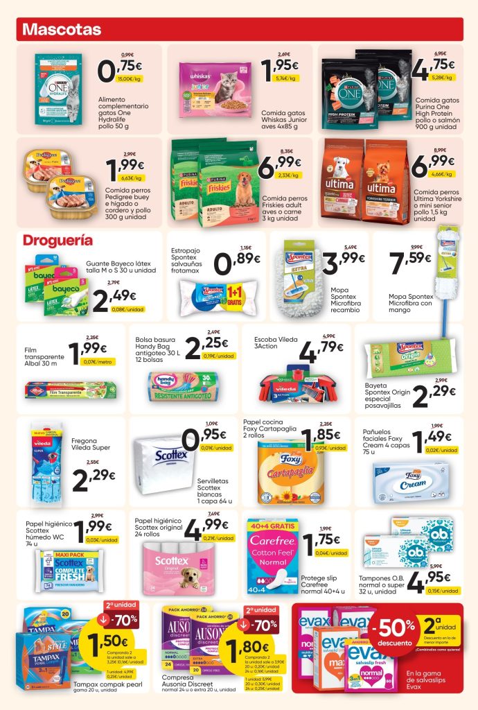 Ofertas de alimentación para perros y gatos y productos de droguería y limpieza