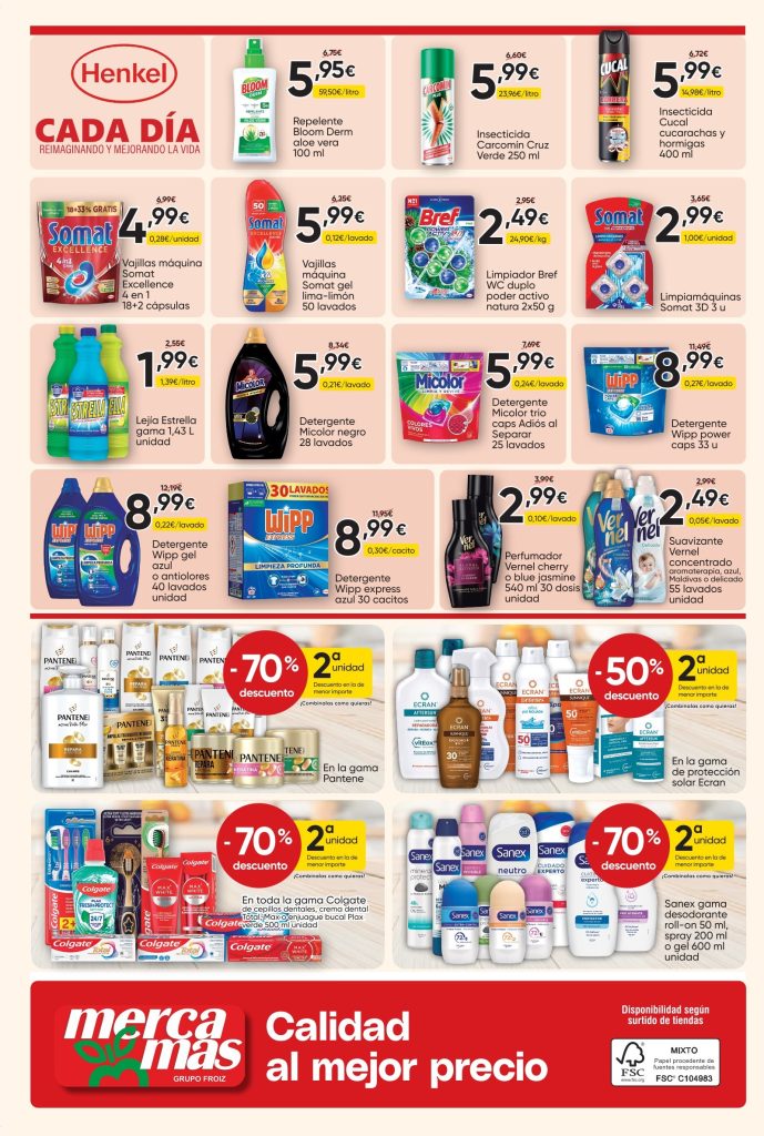 Ofertas de detergentes, limpieza del hogar, cuidado del cabello, higiene bucal y corporal