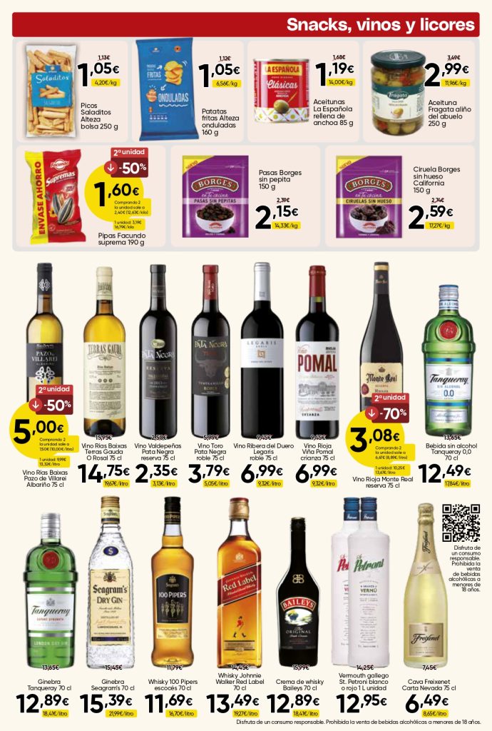 Ofertas de snacks vinos y licores Mercamás Casal