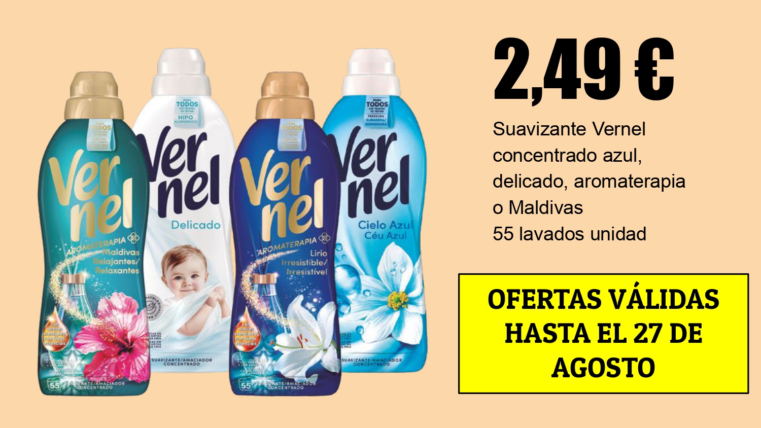 Suavizante Vernel concentrado 55 lavados en oferta en Mercamas Casal