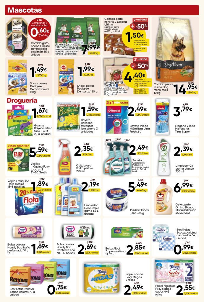 Ofertas de mascotas y droguería Mercamás Casal