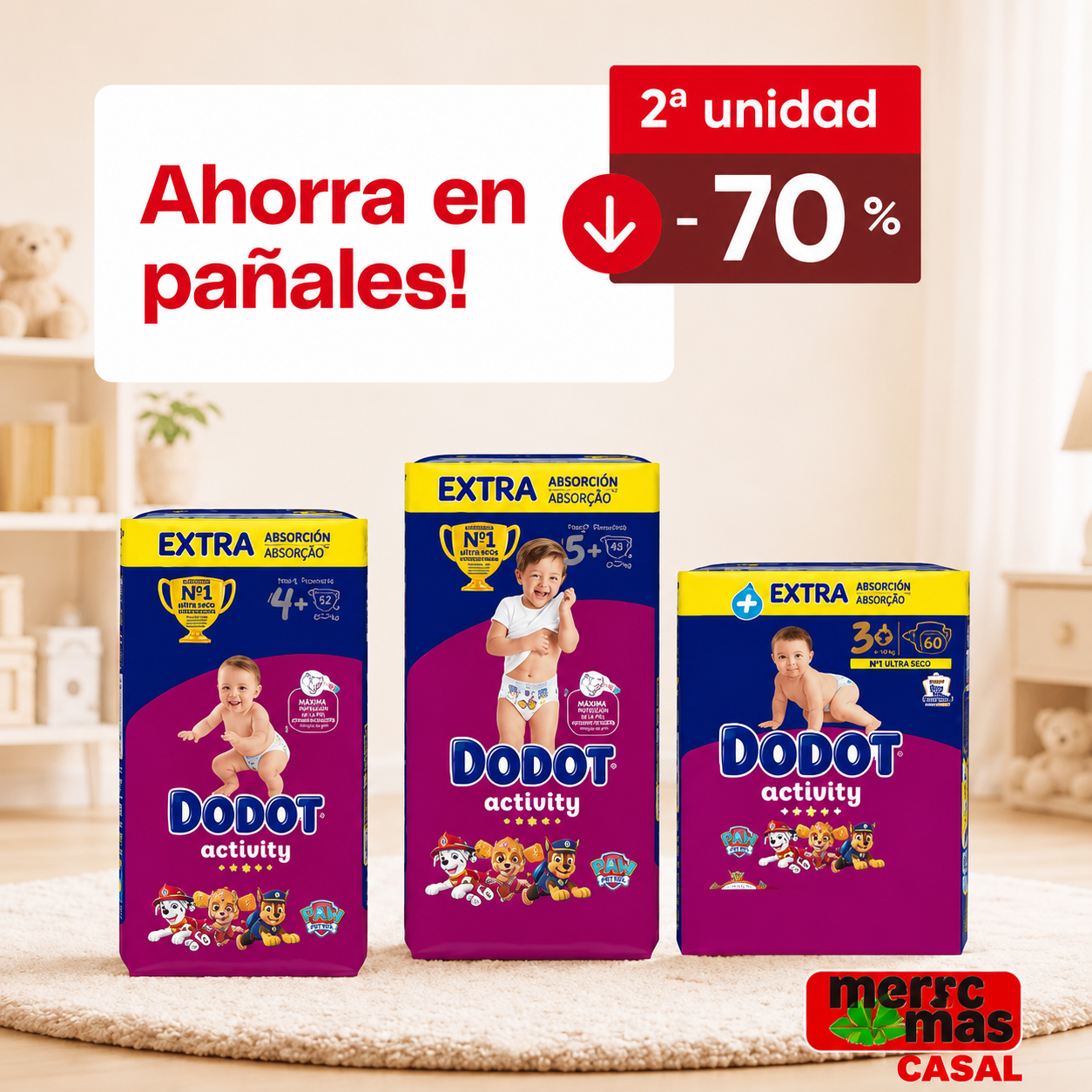 Oferta pañales Dodot con 70% de descuento en la segunda unidad en Mercamas Casal