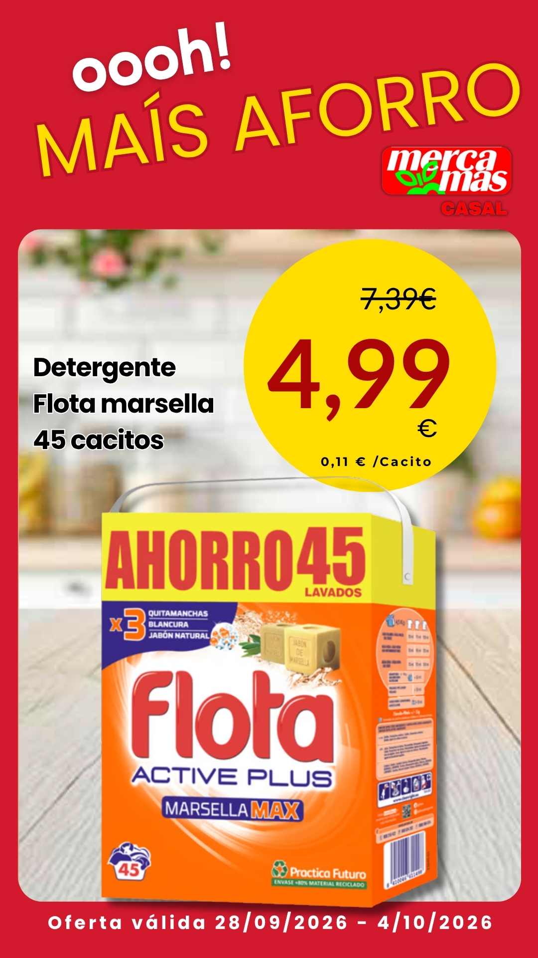 Oferta de detergente Flota Marsella 45 lavados en Mercamas Casal