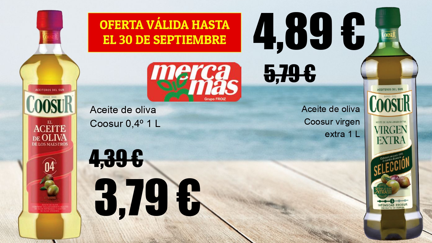 Aceite de oliva Coosur 0,4º y virgen extra 1 L en oferta en Mercamás Casal