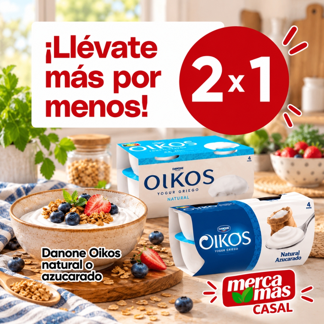 Oferta 2x1 en yogur Danone Oikos natural o azucarado en Mercamas Casal