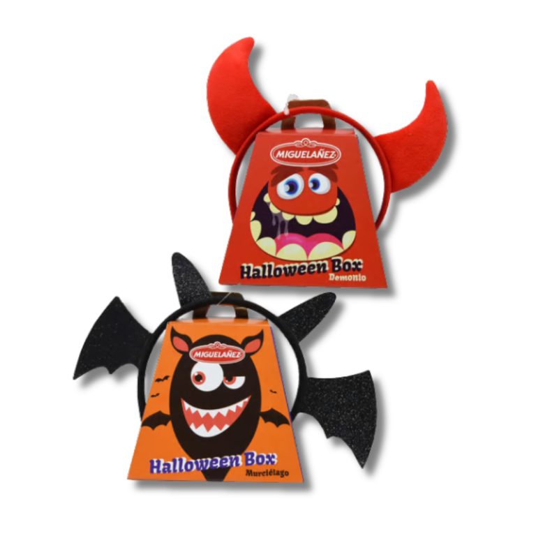 Caja de Halloween Migueláñez de 67 g con diademas de cuernos de diablo y alas de murciélago, disponible en Mercamás Casal.
