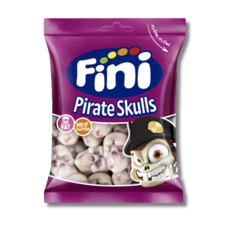 Bolsa Fini Pirate Skulls de 90 g con golosinas en forma de calaveras para Halloween en Mercamás Casal.
