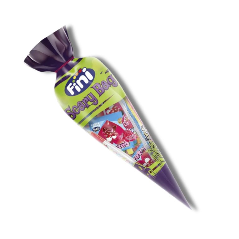 Cono de golosinas surtidas Fini Halloween de 67 g con envoltorio decorado para Halloween, disponible en Mercamás Casal.