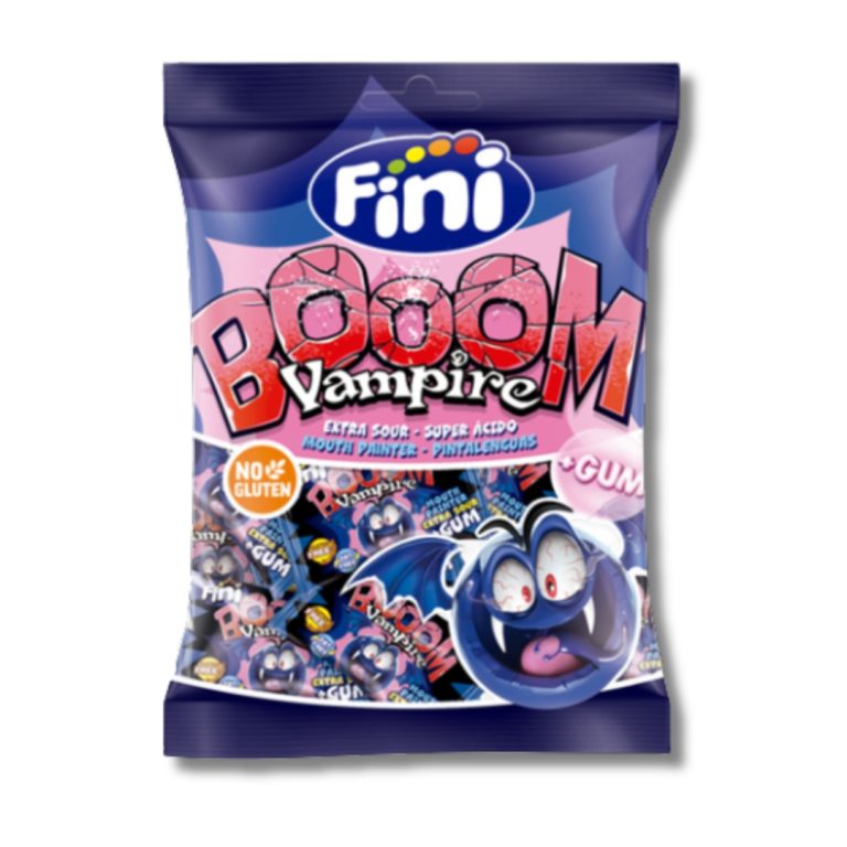 Bolsa Fini Boom Vampire de 65 g con golosinas de Halloween y diseño de vampiro en Mercamás Casal.