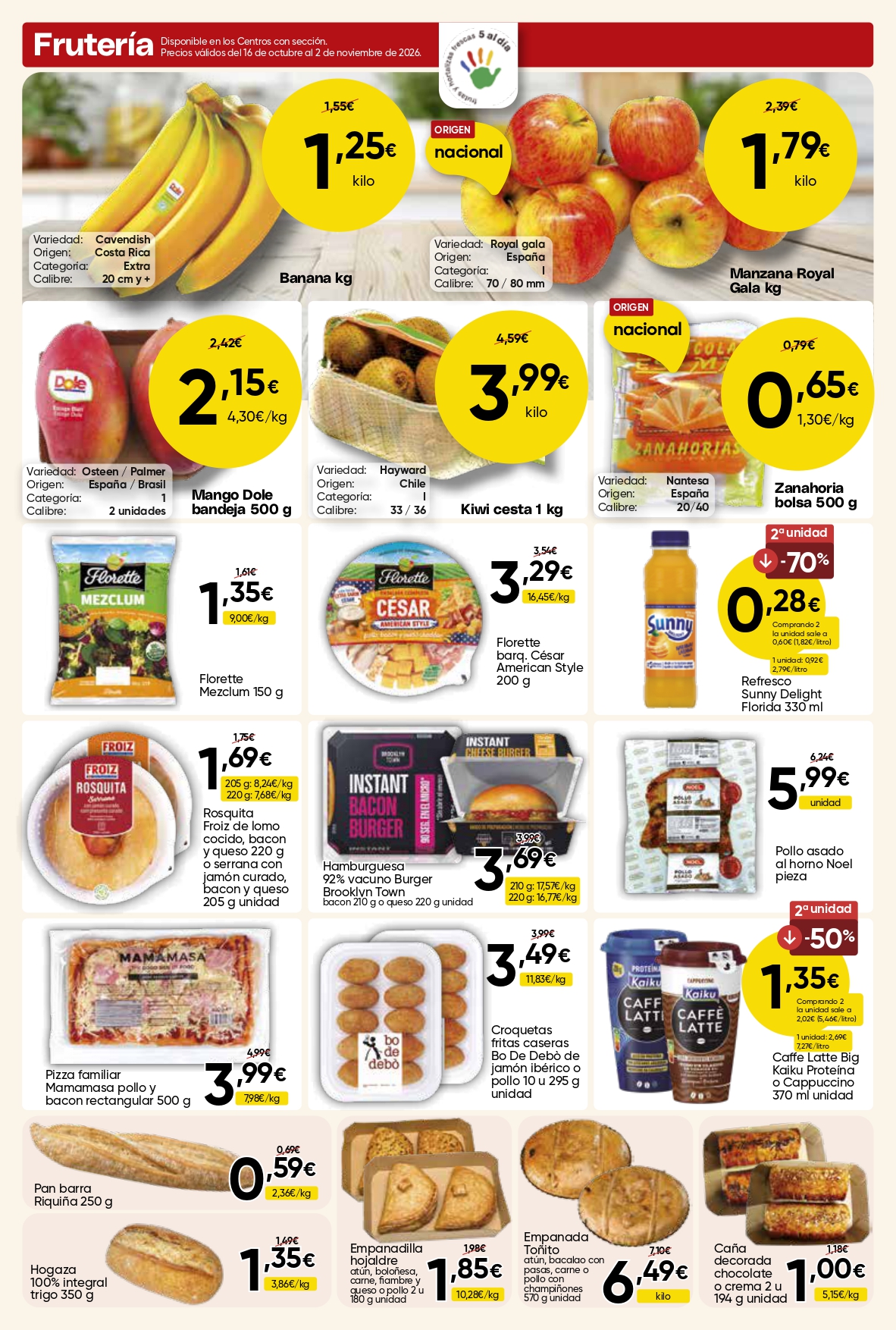 Ofertas en frutería de Mercamás Casal con plátanos, manzanas, kiwis y otros productos frescos