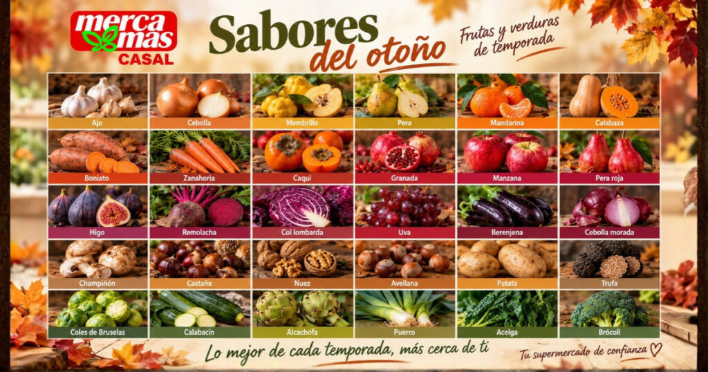 Cartel de frutas y verduras de otoño de Mercamás Casal, con calabazas, mandarinas, manzanas, peras, castañas, setas y hortalizas de temporada.
