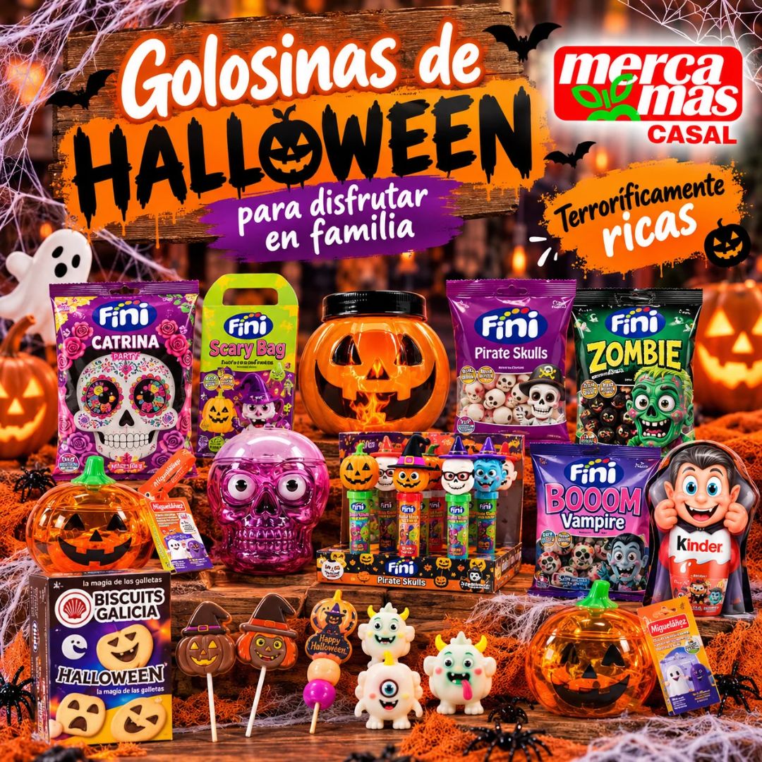 Surtido de golosinas y dulces de Halloween de Fini, Migueláñez, Kinder y otras marcas en Mercamás Casal.