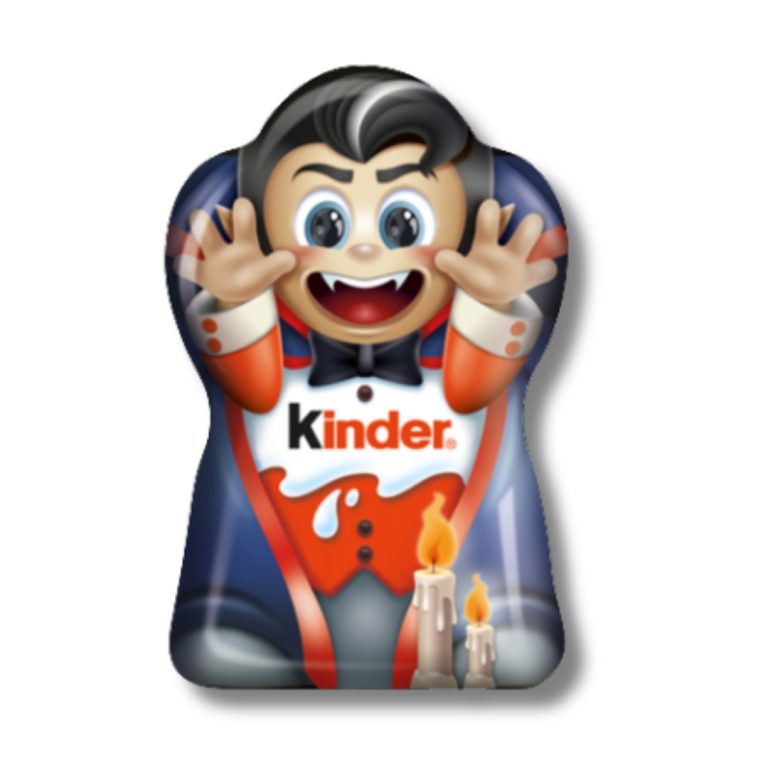 Figura Kinder Halloween de 35 g con diseño de vampiro, capa azul y roja y envoltorio decorado, en Mercamás Casal.