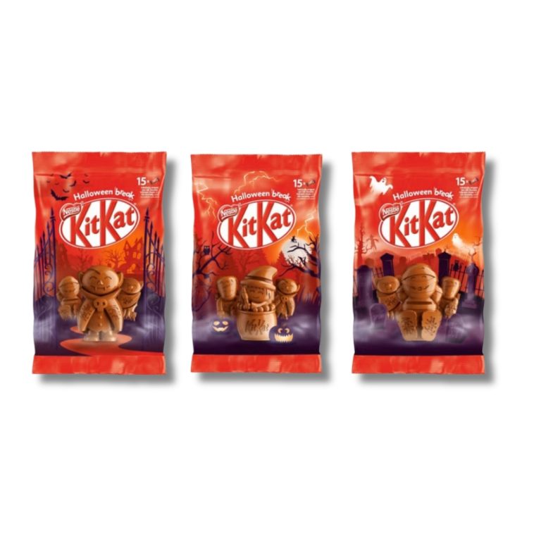 Bolsas de chocolatinas Kit Kat Mini Monster edición Halloween con envoltorios temáticos, disponibles en Mercamás Casal.