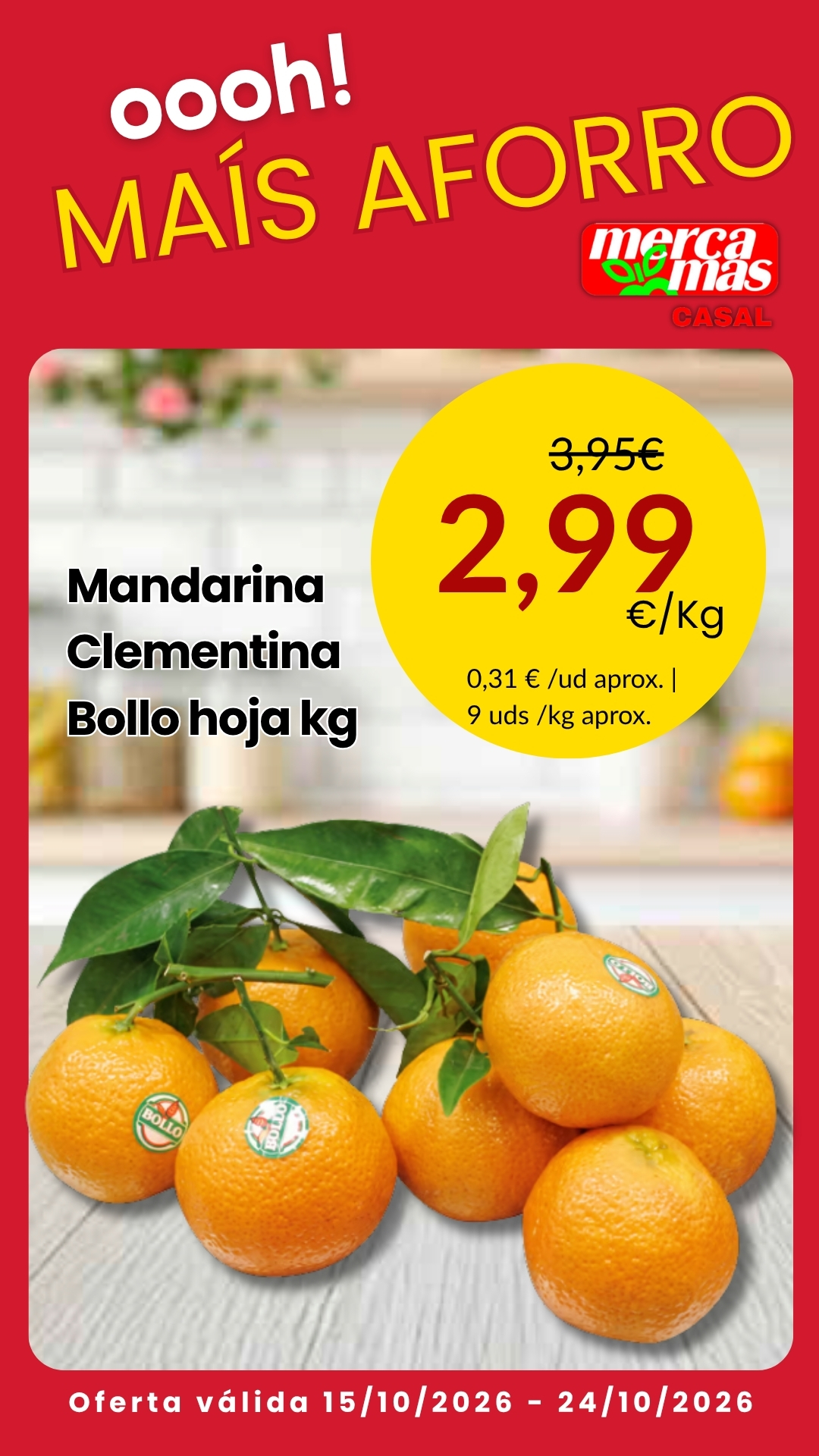 Mandarinas clementinas Bollo frescas con hojas verdes, presentadas sobre una superficie de madera.