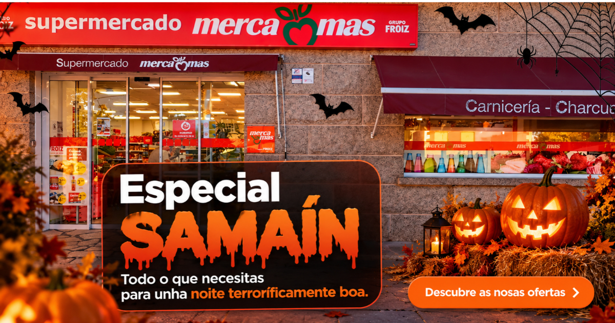 Fachada de Mercamás Casal en Salvaterra de Miño decorada con calabazas y motivos de Halloween para la campaña especial de Samaín 2026.