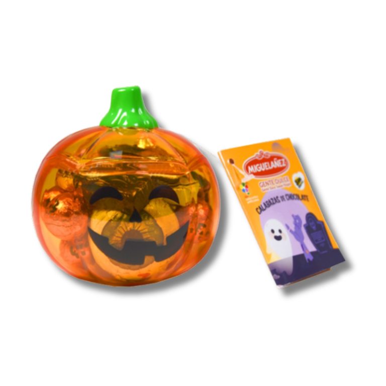 Calabaza naranja transparente Migueláñez con chocolates y decoración de Halloween, disponible en Mercamás Casal.