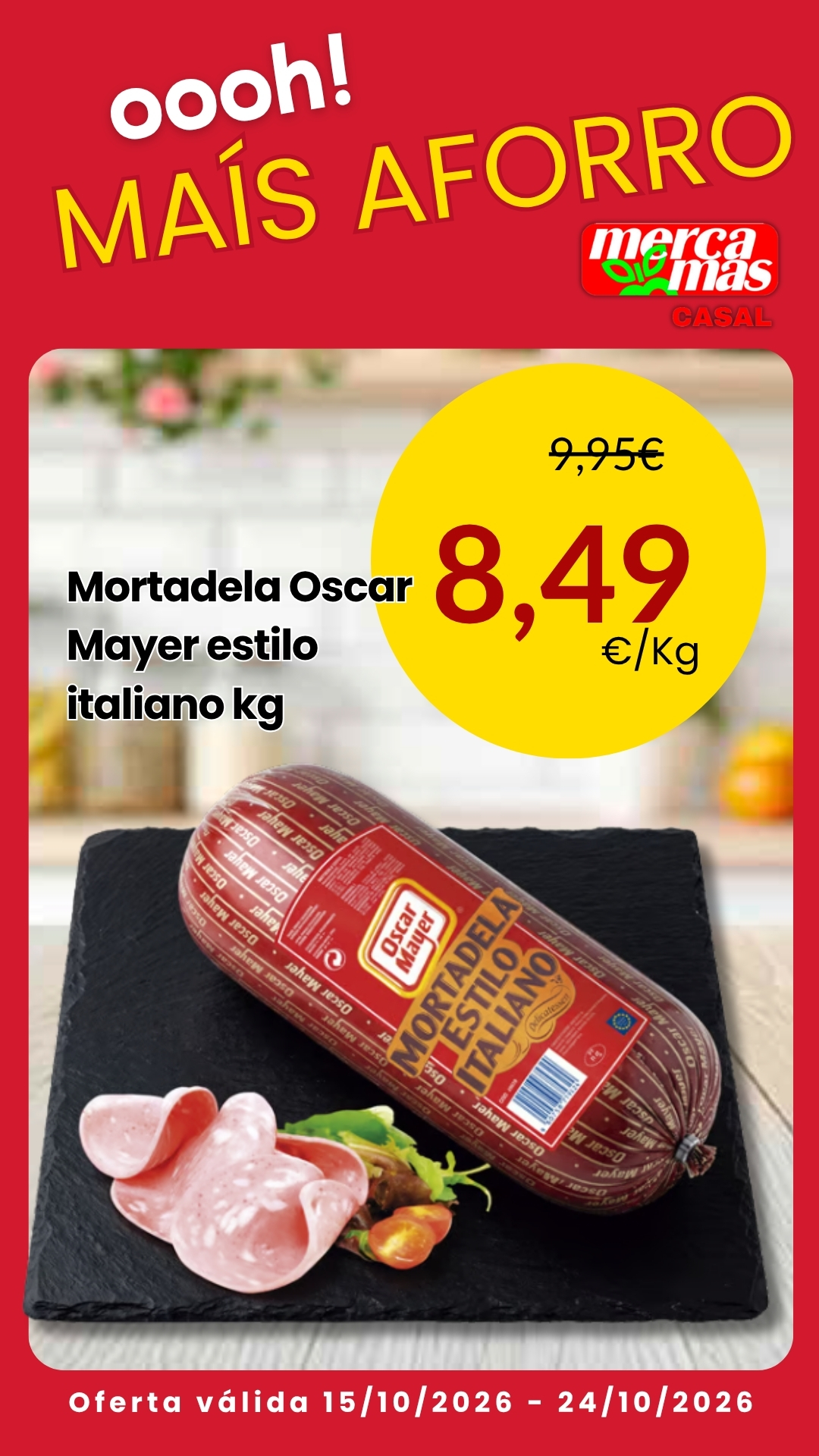 Mortadela Oscar Mayer estilo italiano presentada en pieza entera y lonchas sobre una tabla de pizarra.