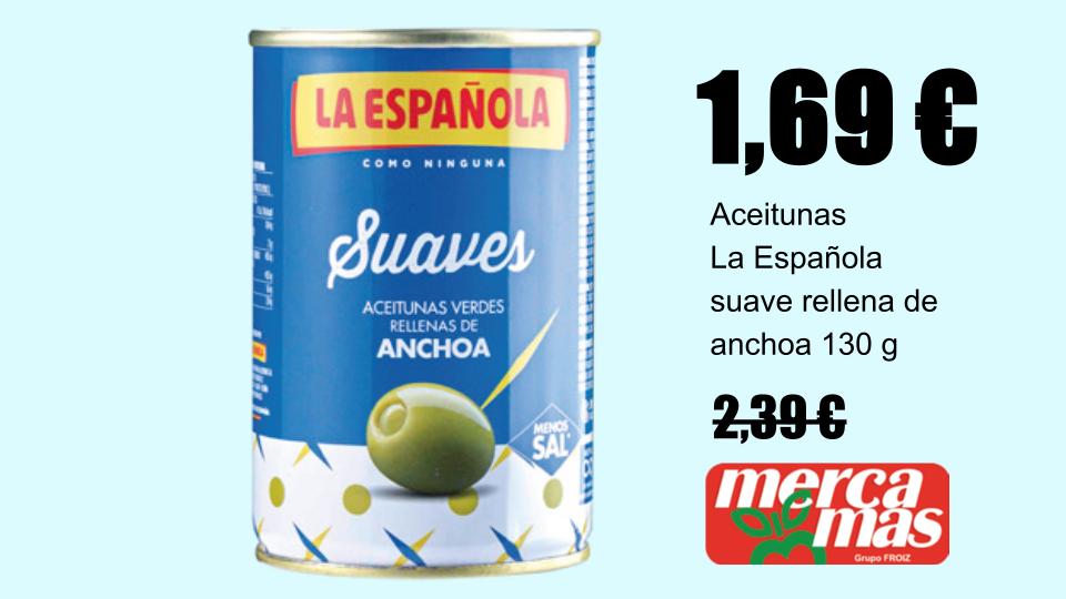 Lata de aceitunas verdes La Española Suaves rellenas de anchoa de 130 g en oferta a 1,69 € en Mercamás Casal.