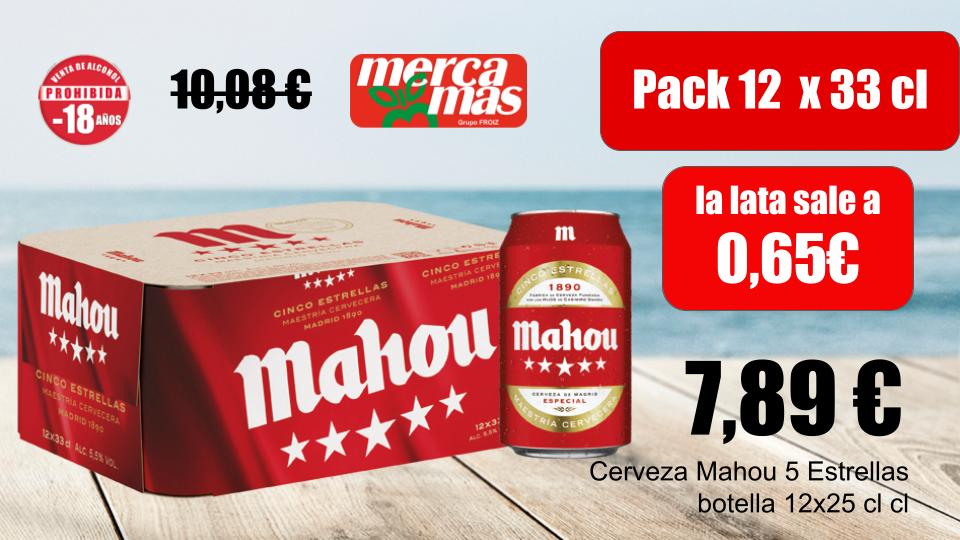 Oferta de cerveza Mahou Cinco Estrellas en Mercamás Casal, con caja y lata de la marca.