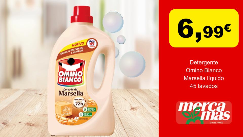 Botella de detergente líquido Omino Bianco Corazón de Marsella para 45 lavados en oferta a 6,99 € en Mercamás Casal.
