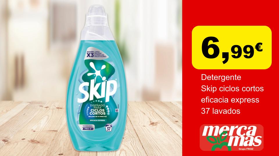 Detergente líquido Skip Ciclos Cortos Eficacia Express para 37 lavados en oferta a 6,99 € en Mercamás Casal.
