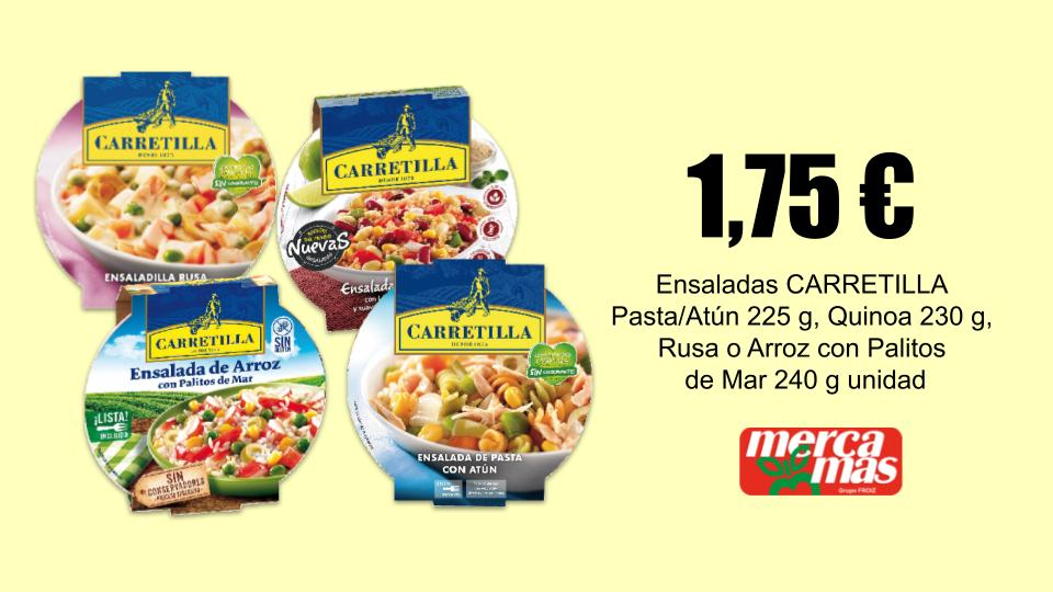 Selección de ensaladas Carretilla de pasta con atún, quinoa, rusa y arroz con palitos de mar a 1,75 € en Mercamás Casal.