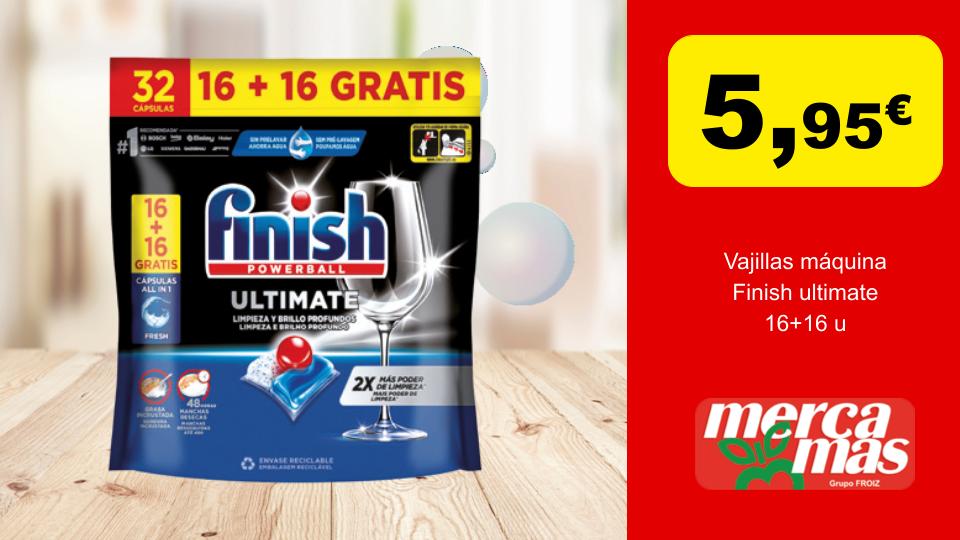 Envase de Finish Ultimate Powerball para lavavajillas con 32 cápsulas, promoción 16 más 16 gratis, a 5,95 € en Mercamás Casal.