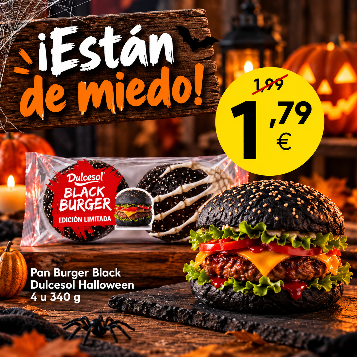 Pan Burger Black Dulcesol Halloween con pan negro, acompañado de una hamburguesa preparada y decoración de Halloween.