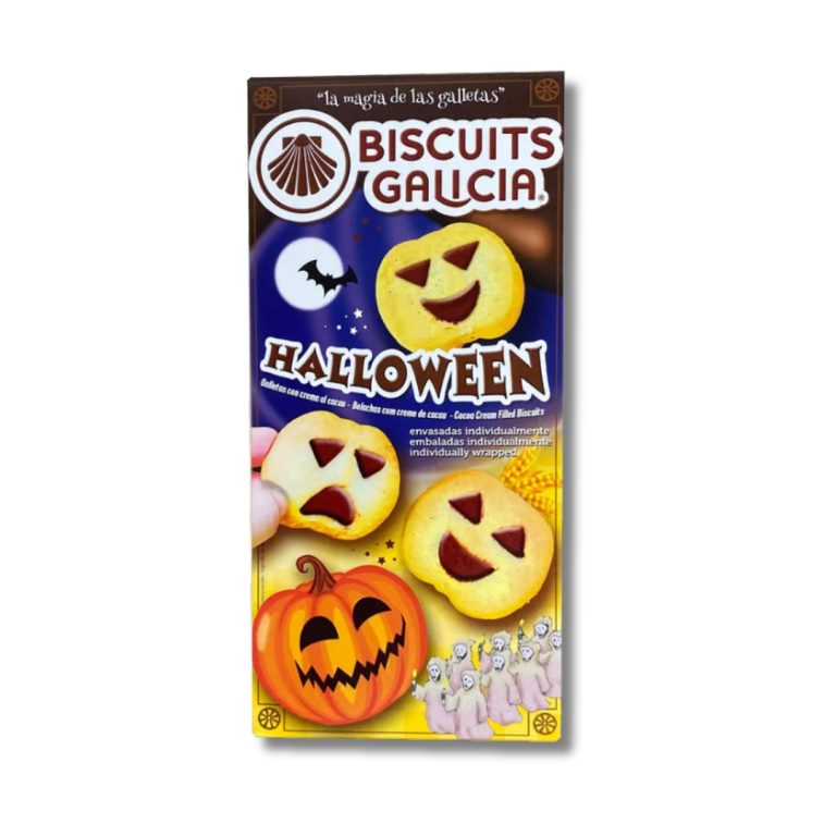 Caja de pastas Biscuit Galicia Halloween de 185 g con galletas decoradas con caras de calabaza.