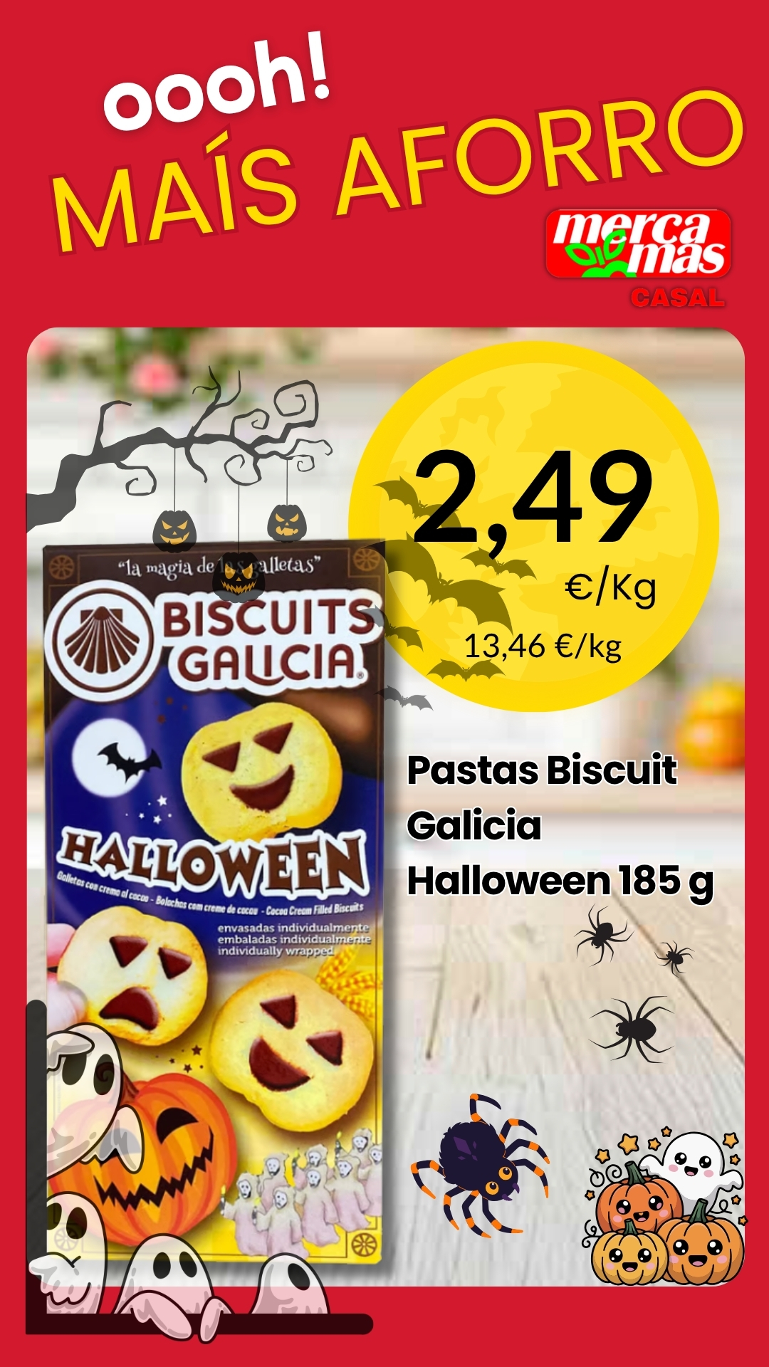 Caja de galletas Biscuit Galicia Halloween de 185 g, con galletas decoradas con caras de calabaza.