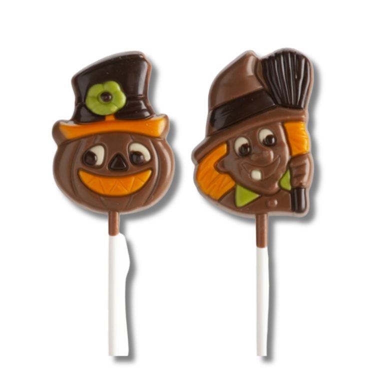 Piruletas de chocolate Dekora con figuras de Halloween, calabaza y bruja, disponibles en Mercamás Casal.