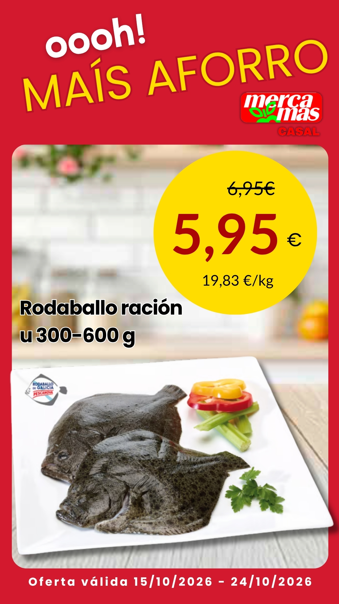 Rodaballos de ración frescos de 300 a 600 g, presentados en una bandeja blanca con verduras.